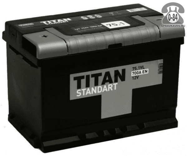 Аккумулятор для транспортного средства Титан (Titan) Standart 6СТ-75 полярность обратная, 278*175*190мм